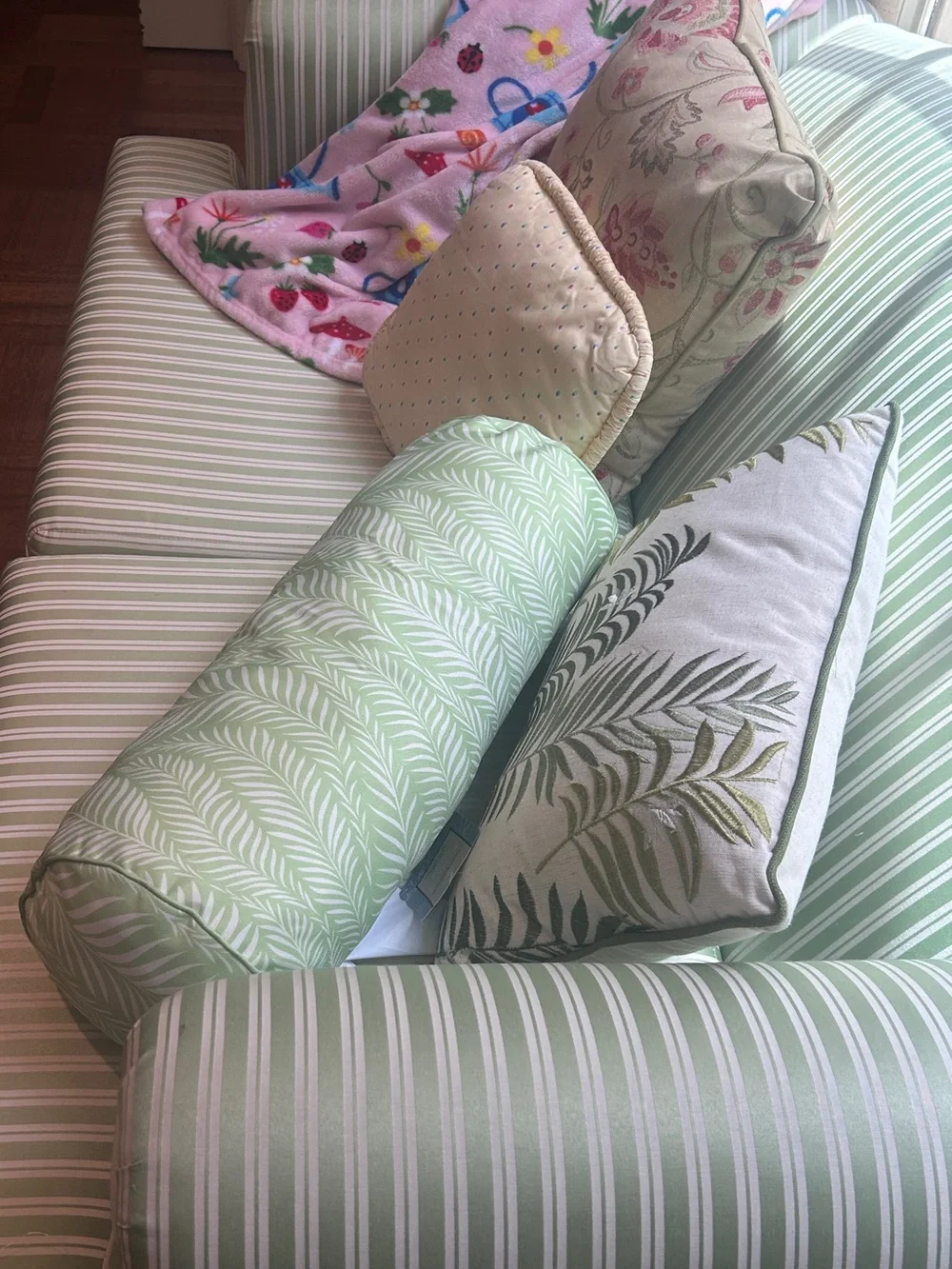 2 PC Ferns in Green + White Outdoor Bolster Pillow + Embroidered Palm Pillow NEW